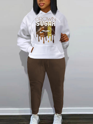 Plus Size Lip Letter Print Kangaroo Pocket Tracksuit Set BO1113