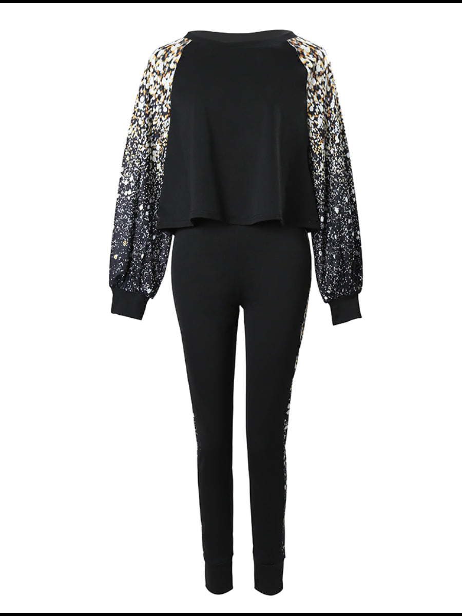 Plus Size Crop Top Leopard Print Skinny Pants Set AT9052