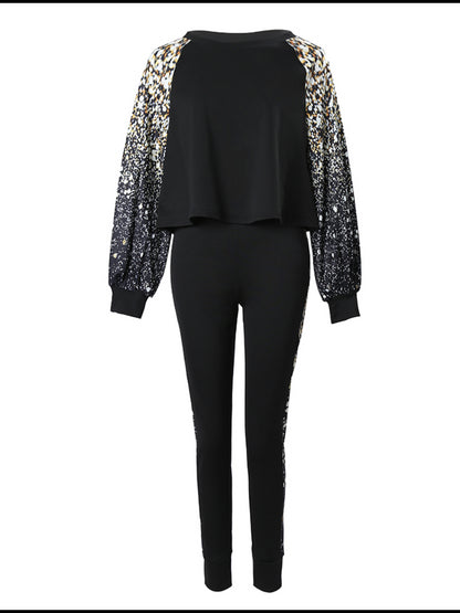 Plus Size Crop Top Leopard Print Skinny Pants Set AT9052