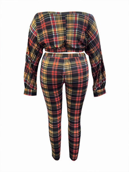 Plus Size Trendy Dew Shoulder Grid Print Purple Two-piece Pants Set BO504 Furdela