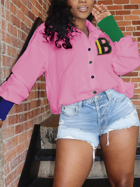 Plus Size Letter Decor Patchwork Shirt AR3064