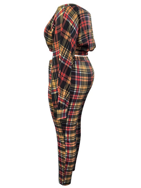 Plus Size Trendy Dew Shoulder Grid Print Purple Two-piece Pants Set BO504 Furdela