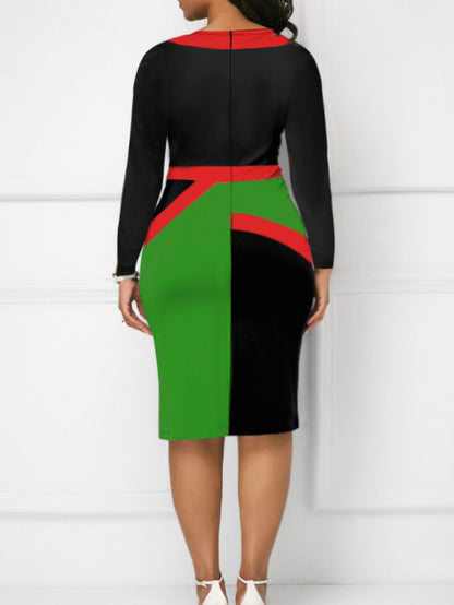 BASICS Plus Size Color Lump Patchwork Slit Bodycon Dress BO2127