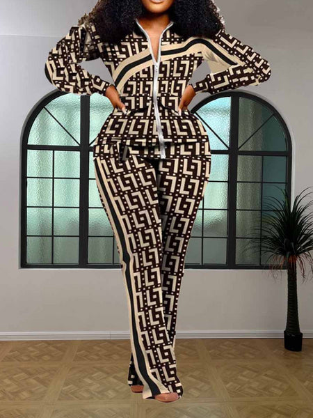 Plus Size Geometric Print Striped Flared Pants Set AT9055