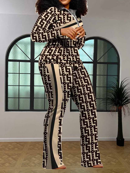 Plus Size Geometric Print Striped Flared Pants Set AT9055