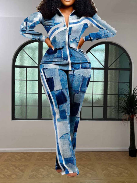 Plus Size Geometric Print Striped Flared Pants Set AT9055