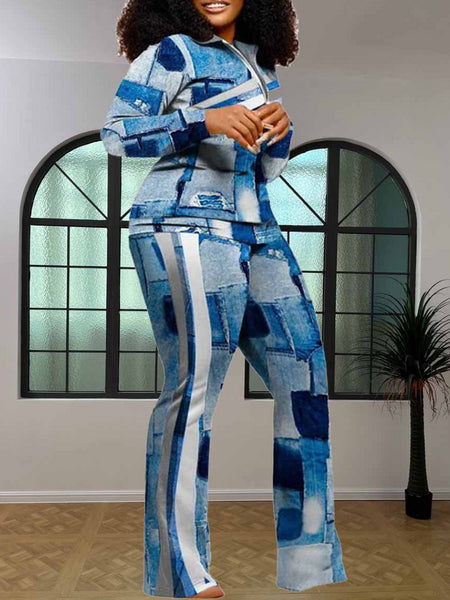 Plus Size Geometric Print Striped Flared Pants Set AT9055