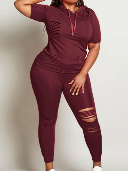Plus Size Hooded Collar Ripped Pants Set AT909