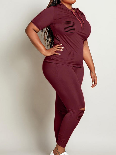 Plus Size Hooded Collar Ripped Pants Set AT909