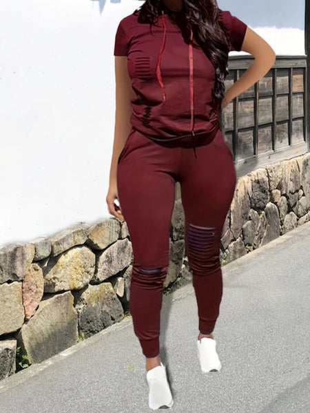 Plus Size Hooded Collar Ripped Pants Set AT909