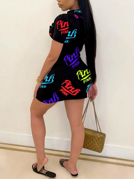 Pink Letter Print Cut Out Ripped Bodycon Dress AR5058