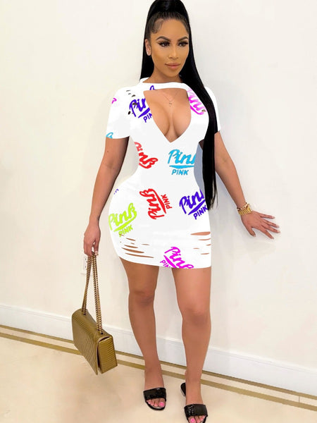 Pink Letter Print Cut Out Ripped Bodycon Dress AR5058
