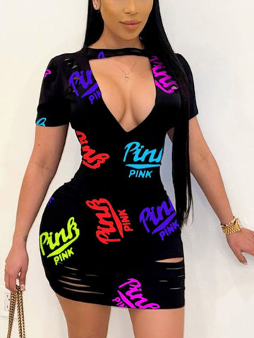 Pink Letter Print Cut Out Ripped Bodycon Dress AR5058
