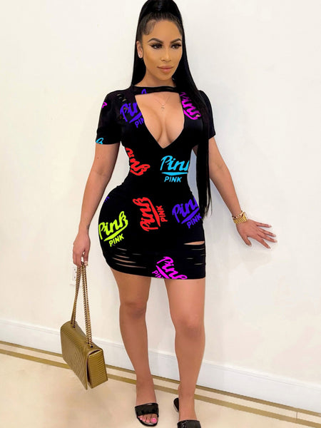 Pink Letter Print Cut Out Ripped Bodycon Dress AR5058