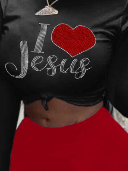 Plus Size Rhinestone Heart Letter Decor Pants Set AR3082