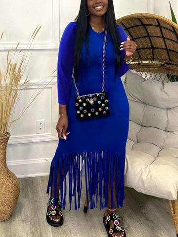 Plus Size Tassel Design Solid Color Bodycon Skinny Dress AR3071