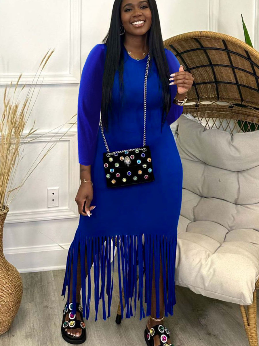 Plus Size Tassel Design Solid Color Bodycon Skinny Dress AR3071