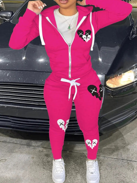 Plus Size Broken Heart Print Kangaroo Pocket Tracksuit Set AR7049
