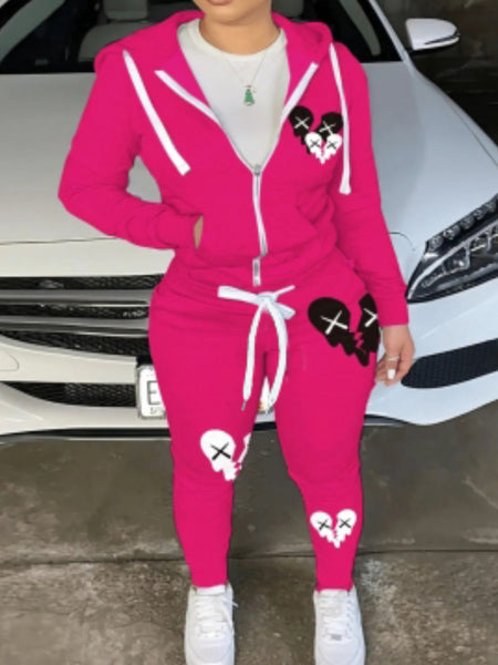 Plus Size Broken Heart Print Kangaroo Pocket Tracksuit Set AR7049