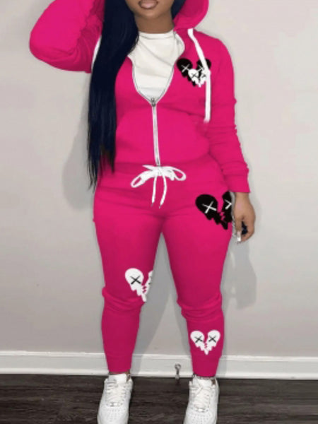 Plus Size Broken Heart Print Kangaroo Pocket Tracksuit Set AR7049
