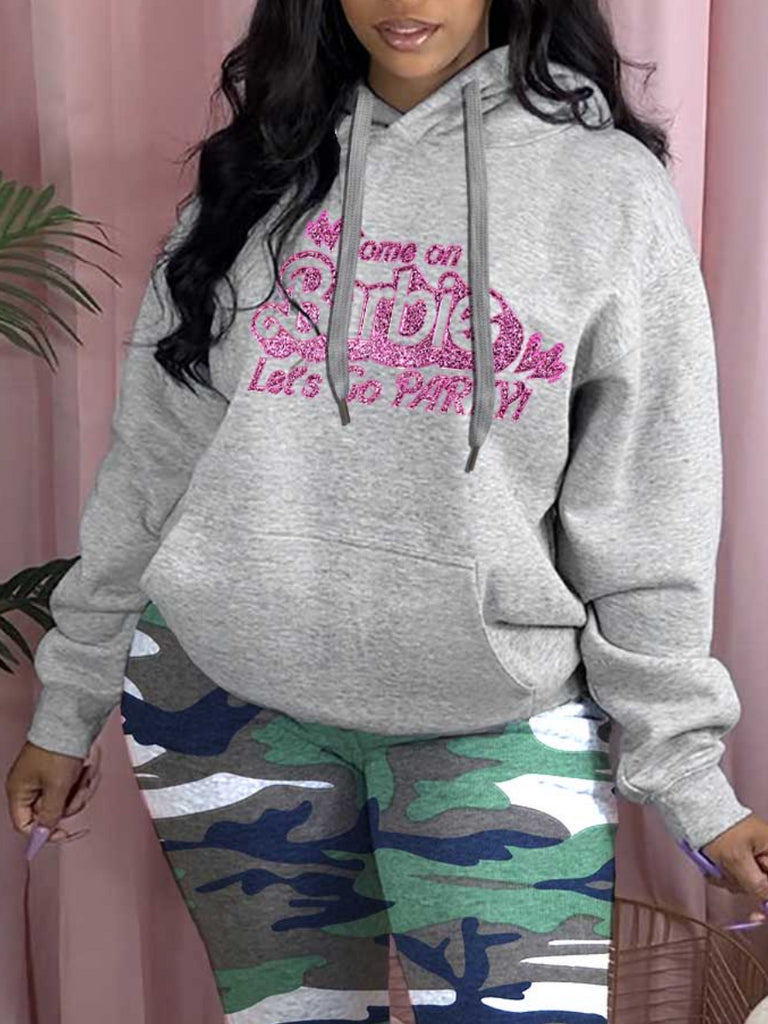 Plus Size Letter Print Kangaroo Pocket Hoodie AR70101