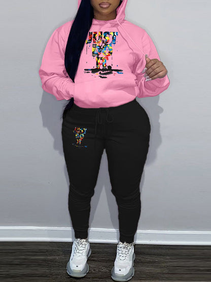 Plus Size Figure Letter Print Kangaroo Pocket Tracksuit Set AR50105