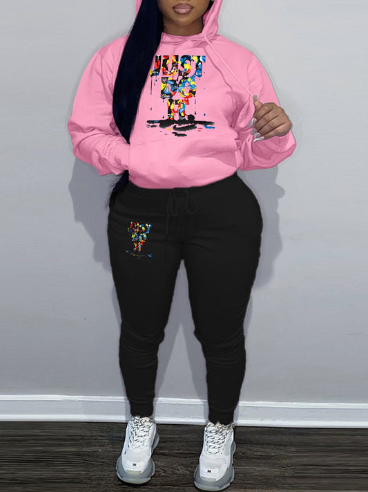 Plus Size Figure Letter Print Kangaroo Pocket Tracksuit Set AR50105