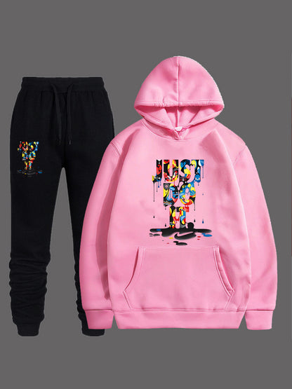 Plus Size Figure Letter Print Kangaroo Pocket Tracksuit Set AR50105