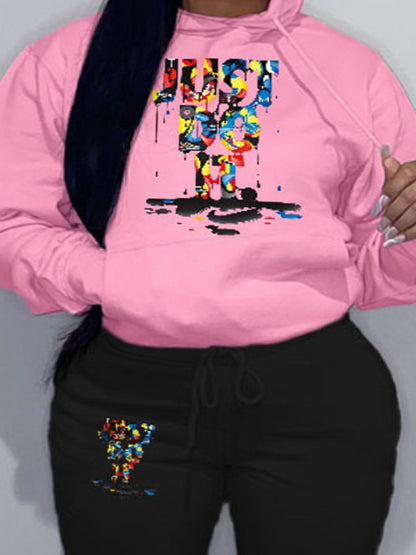 Plus Size Figure Letter Print Kangaroo Pocket Tracksuit Set AR50105