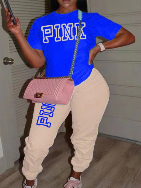 Plus Size Pink Letter Print Pants Set AR5051