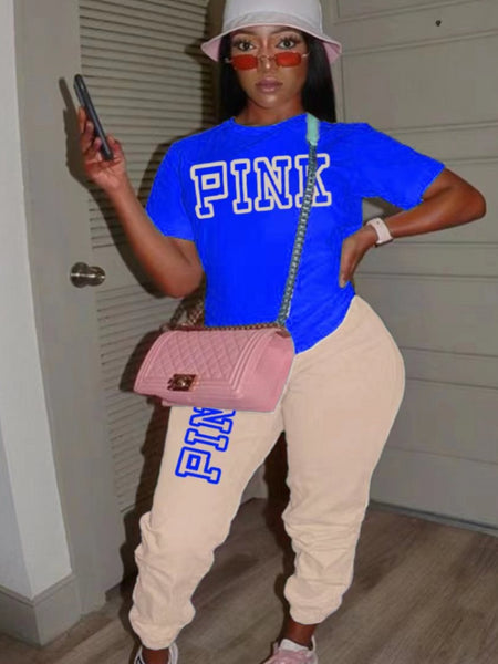 Plus Size Pink Letter Print Pants Set AR5051