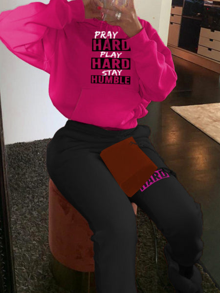 Plus Size Stay Humble Letter Print Kangaroo Pocket Tracksuit Set BO5055 Furdela