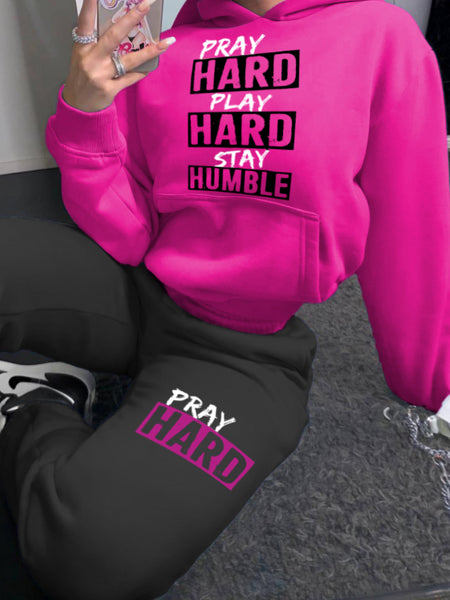 Plus Size Stay Humble Letter Print Kangaroo Pocket Tracksuit Set BO5055 Furdela