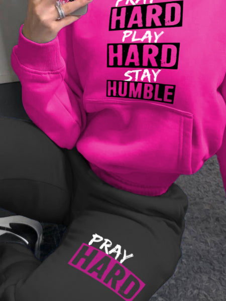 Plus Size Stay Humble Letter Print Kangaroo Pocket Tracksuit Set BO5055 Furdela