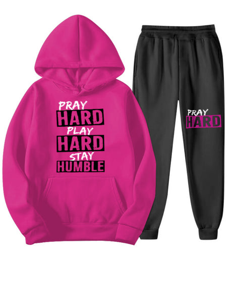 Plus Size Stay Humble Letter Print Kangaroo Pocket Tracksuit Set BO5055 Furdela