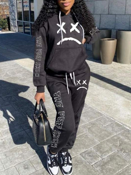 Plus Size Letter Print Kangaroo Pocket Tracksuit Set AR50119