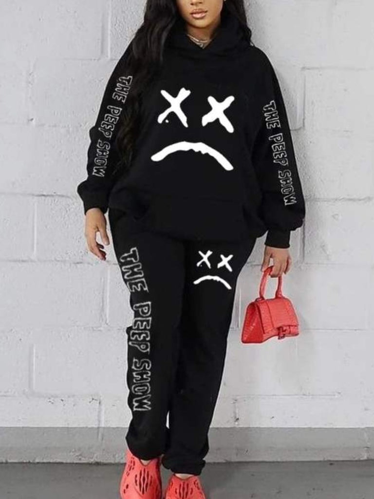 Plus Size Letter Print Kangaroo Pocket Tracksuit Set AR50119