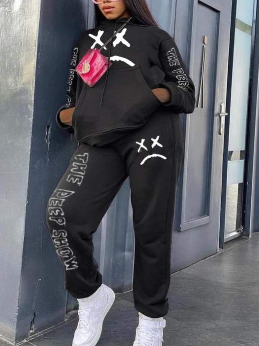 Plus Size Letter Print Kangaroo Pocket Tracksuit Set AR50119