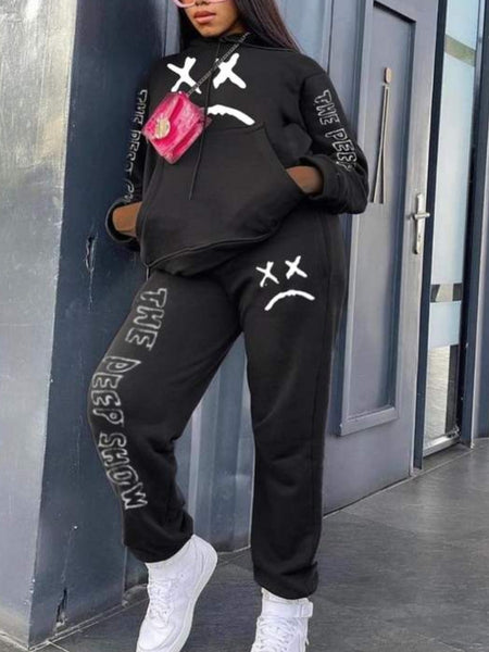 Plus Size Letter Print Kangaroo Pocket Tracksuit Set AR50119