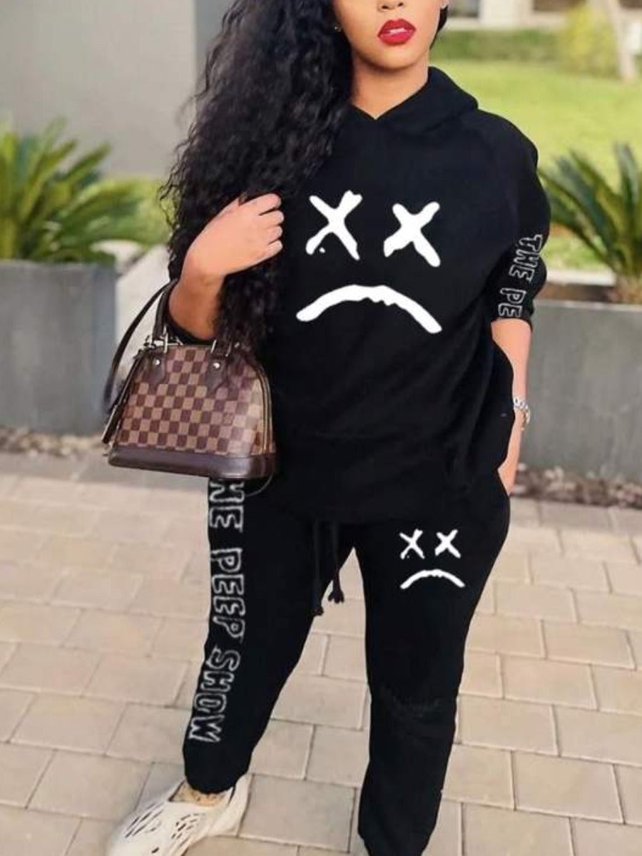 Plus Size Letter Print Kangaroo Pocket Tracksuit Set AR50119