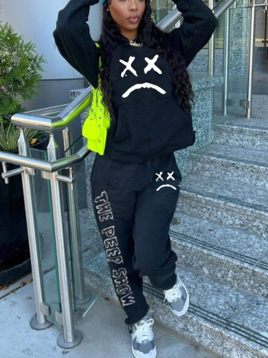 Plus Size Letter Print Kangaroo Pocket Tracksuit Set AR50119