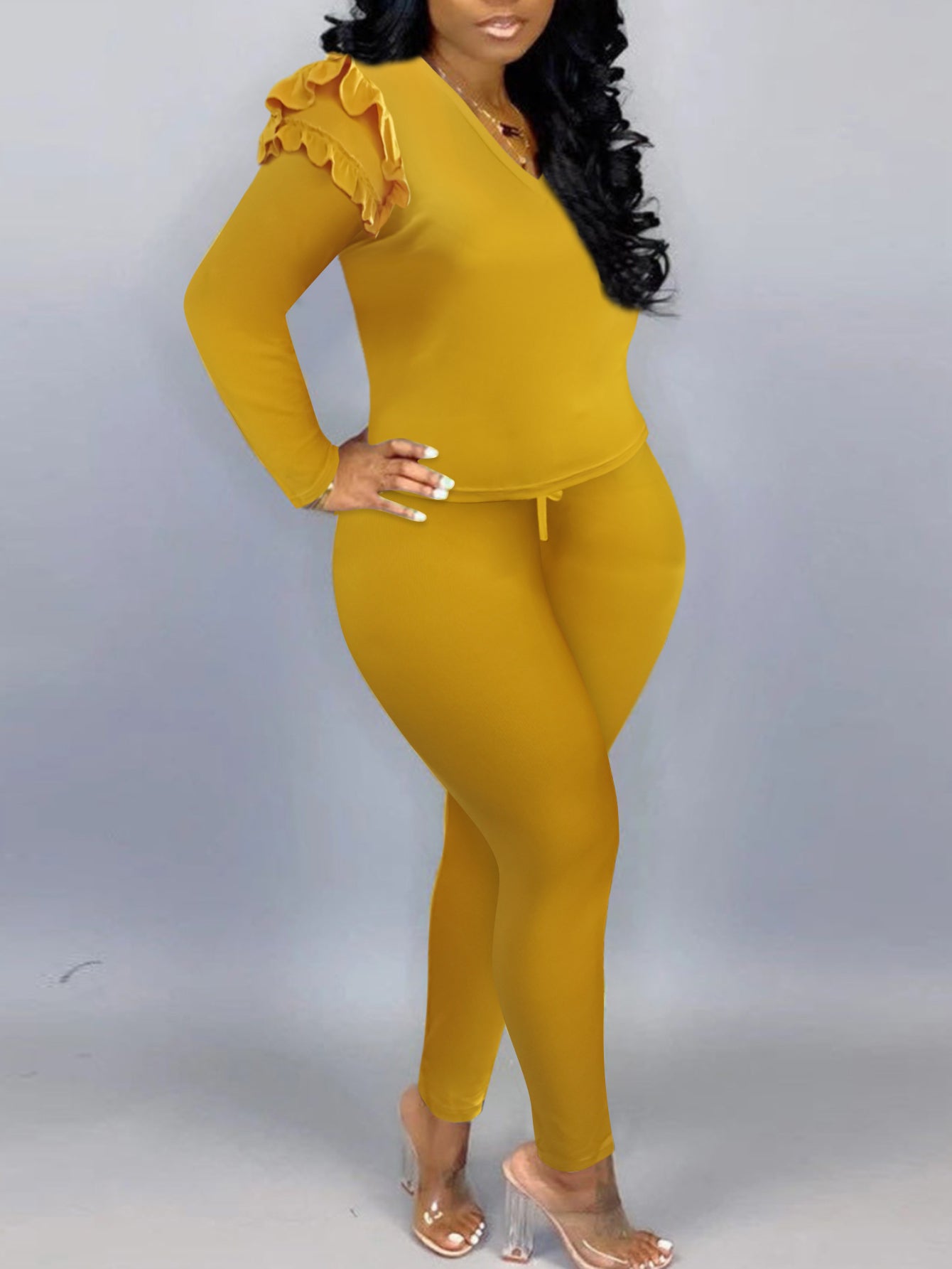 Plus Size Trendy V Neck Striped Yellow Two-piece Pants Set AR5043