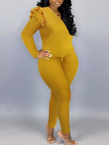 Plus Size Trendy V Neck Striped Yellow Two-piece Pants Set AR5043