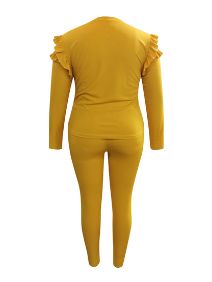Plus Size Trendy V Neck Striped Yellow Two-piece Pants Set AR5043