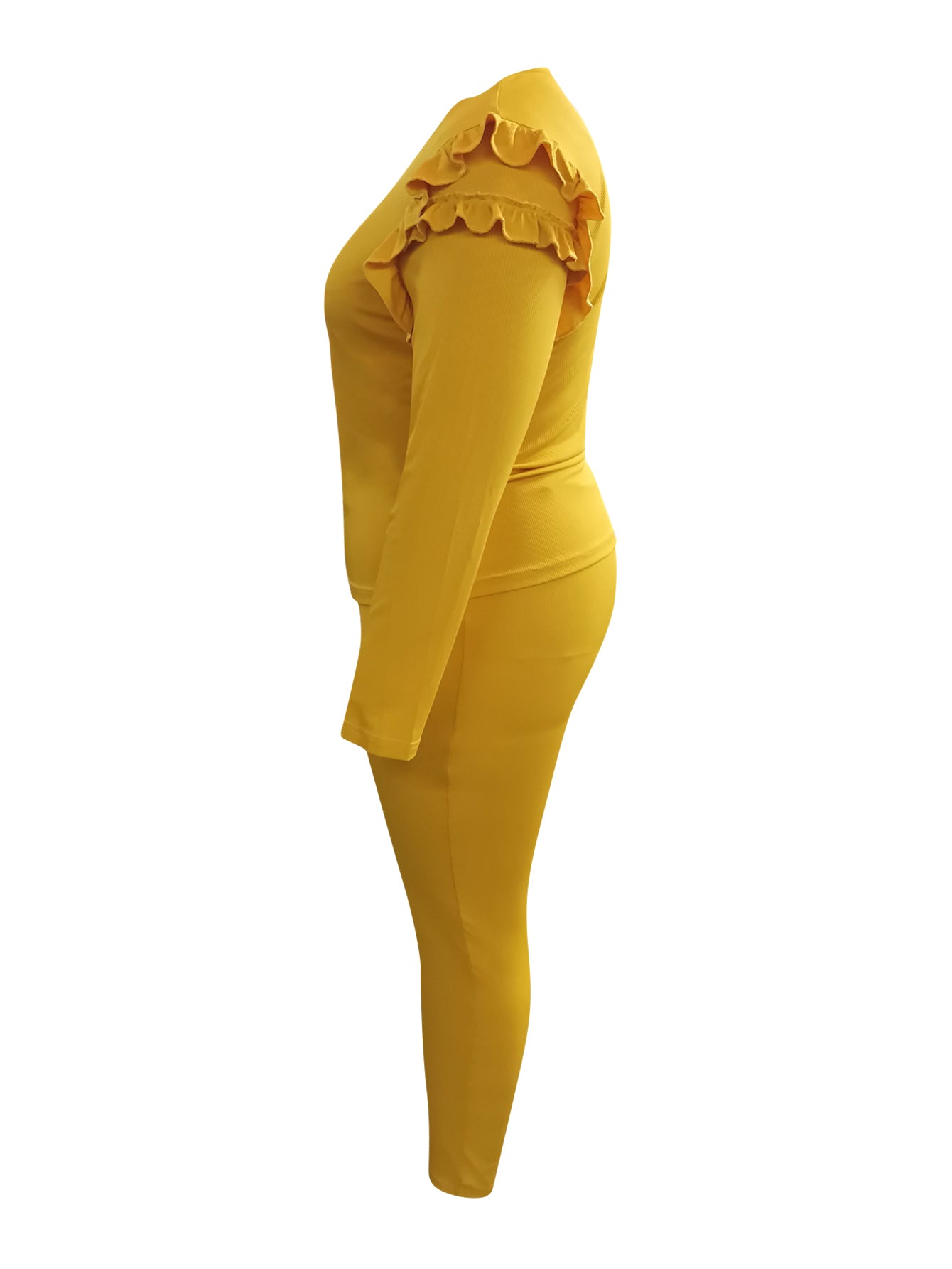 Plus Size Trendy V Neck Striped Yellow Two-piece Pants Set AR5043