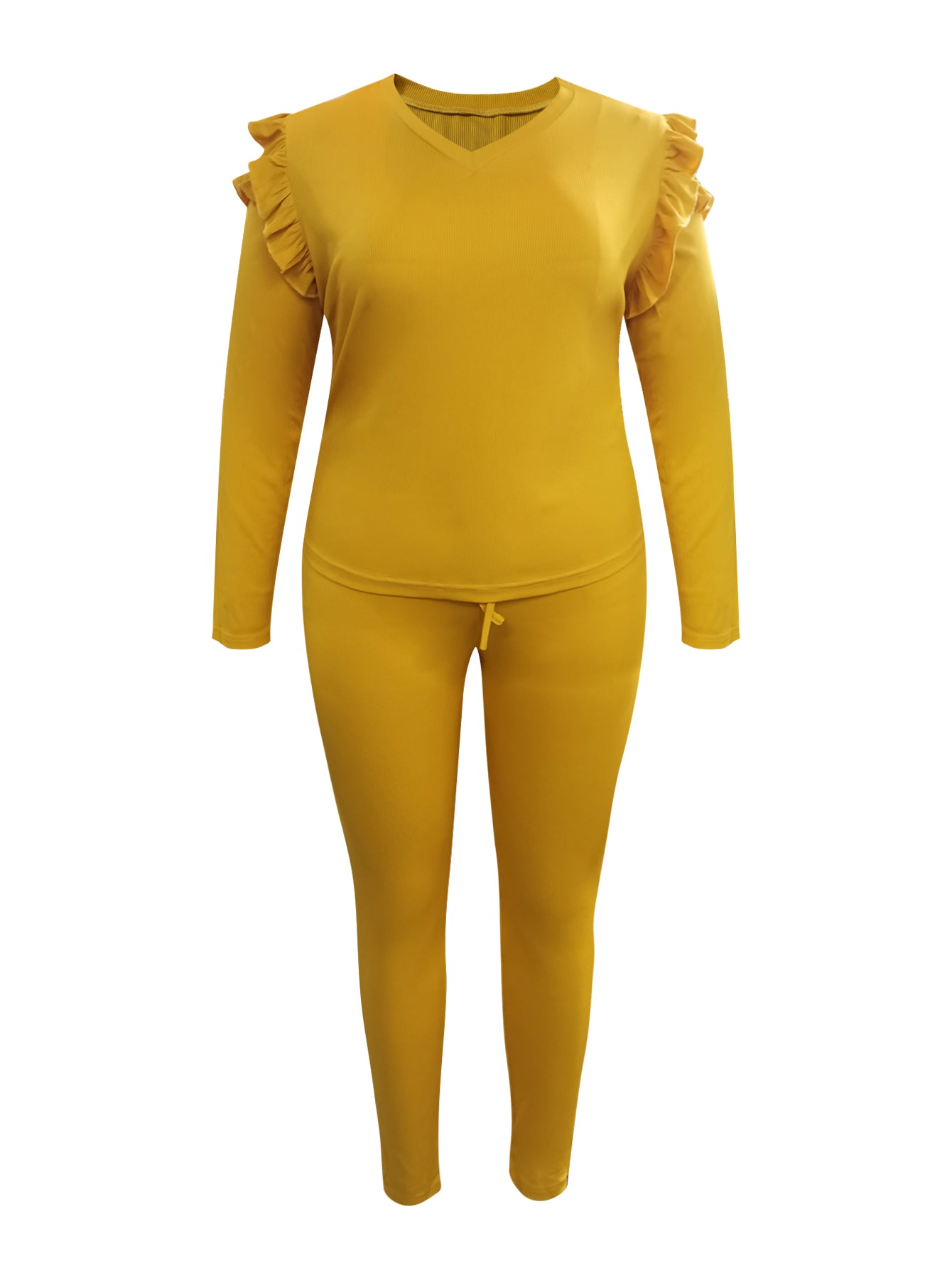 Plus Size Trendy V Neck Striped Yellow Two-piece Pants Set AR5043