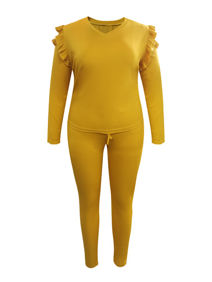 Plus Size Trendy V Neck Striped Yellow Two-piece Pants Set AR5043