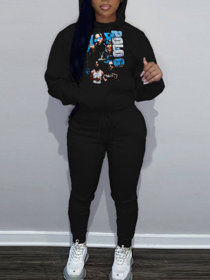 Plus Size Figure Letter Print Kangaroo Pocket Tracksuit Set AR50105