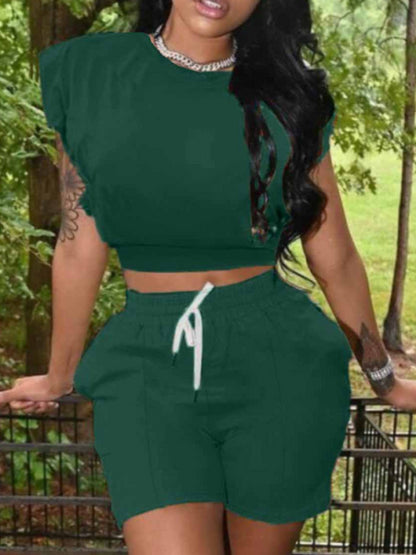 Casual O Neck Drawstring White Two Piece Shorts Set AR5061