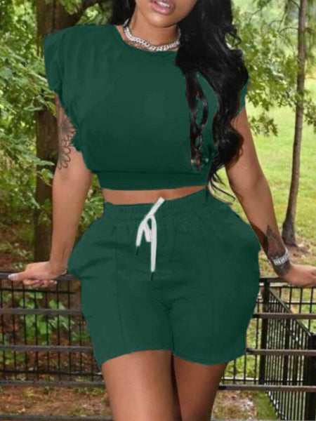 Casual O Neck Drawstring White Two Piece Shorts Set AR5061